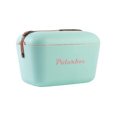 Polarbox Classic Cooler Box with Leather Strap, Cyan & Baby Rose Rigid Thermal Insulated Ice for Beach, Picnic Party Convertible Lid Polypropylene Insulation Cyan/Baby 20L PB-9210