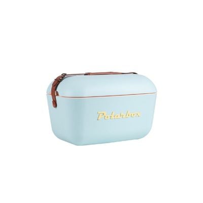 Polarbox Classic Cooler Box with Leather Strap, Sky Blue - Yellow Green Rigid Thermal Insulated Ice for Beach, Picnic Party Convertible Lid Polypropylene Insulation 12L PB-9235