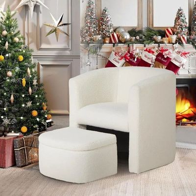 Wooden Twist Tierce Modern Barrel Accent Chair Soft Boucle Fabric