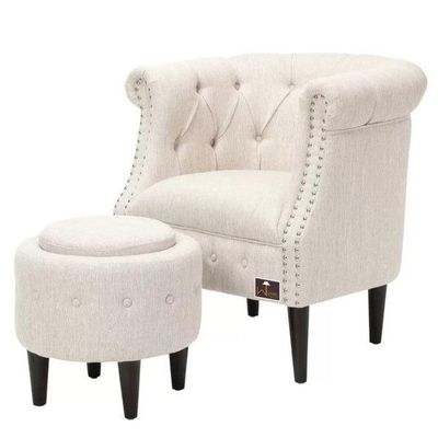 Wide Tufted Chesterfield Arm Chair with Ottoman Footrest (Walnut Legs)