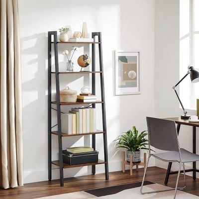 Mahmayi LLS45X Rustic Brown 5-Tier Ladder Shelf - Sturdy Metal Frame, Open Shelves for Space-Saving Storage and Display - Versatile Home Organization Furniture with a Stylish Industrial Design