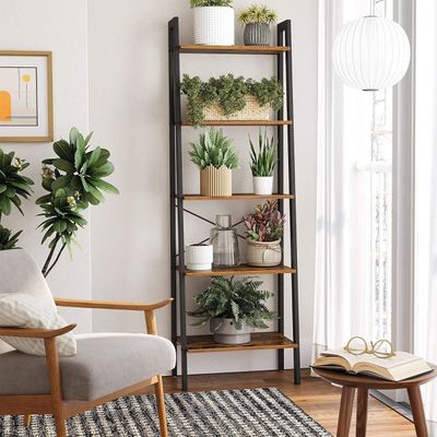 Mahmayi LLS45X Rustic Brown 5-Tier Ladder Shelf - Sturdy Metal Frame, Open Shelves for Space-Saving Storage and Display - Versatile Home Organization Furniture with a Stylish Industrial Design