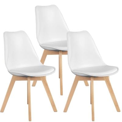 Mahmayi Retro Dining Side Mid Century Modern Chairs Durable PU Cushion with Solid Wooden Legs, Set of 3, White