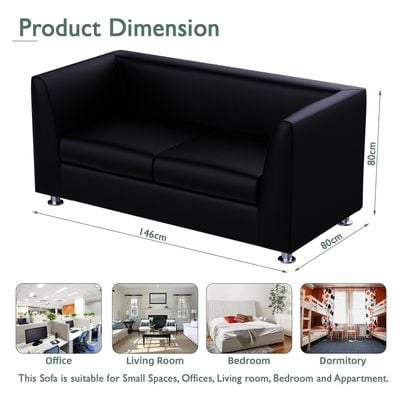 Mahmayi 679 Black PU Two Seater Sofa for Living Room Design Couch, Straight Arms Sofa, Small Space, Solid Wood Frame, Metal Legs & High Density Foam