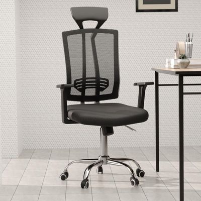 Mahmayi Ergonomic Adjustable Height Office Chair with Arm Rests, Lumbar Support, Headrest, and Seat Cushion -Comfortable Seating Solution for Office and Home - Executive Black Contoured Back