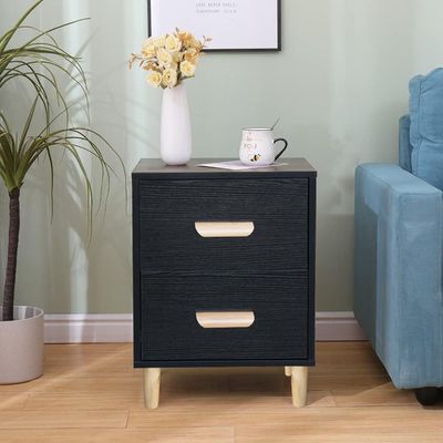 Mahmayi Modern Multifunctional D Nightstand Wooden Side Table Storage Unit with One/Two drawer Home Living Room Bedroom Furniture (Black Dual Drawer)