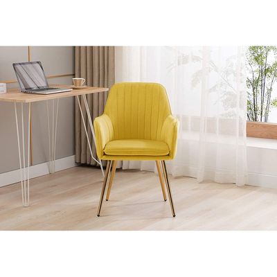 Mahmayi Velvet Modern Bedroom Upholstered Chair with Gold Metal Legs, Suitable for Kitchen, Dining Room, Living Room, Guest Lounge, Yellow, Pack of 2