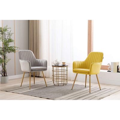 Mahmayi Velvet Modern Bedroom Upholstered Chair with Gold Metal Legs, Suitable for Kitchen, Dining Room, Living Room, Guest Lounge, Yellow, Pack of 2