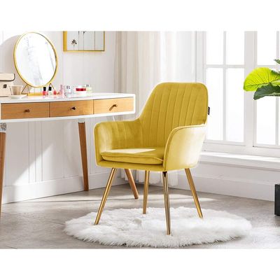 Mahmayi Velvet Modern Bedroom Upholstered Chair with Gold Metal Legs, Suitable for Kitchen, Dining Room, Living Room, Guest Lounge, Yellow, Pack of 2