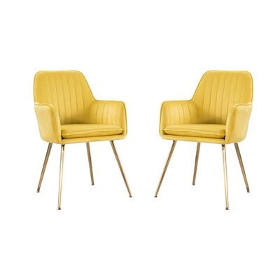 Mahmayi Velvet Modern Bedroom Upholstered Chair with Gold Metal Legs, Suitable for Kitchen, Dining Room, Living Room, Guest Lounge, Yellow, Pack of 2