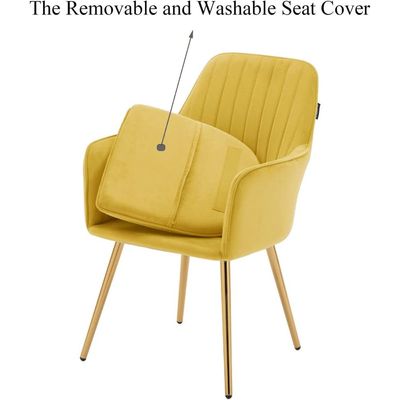 Mahmayi Velvet Modern Bedroom Upholstered Chair with Gold Metal Legs, Suitable for Kitchen, Dining Room, Living Room, Guest Lounge, Yellow, Pack of 2