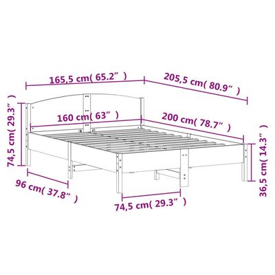 Bed Frame with Headboard White 160x200 cm Solid Wood Pine