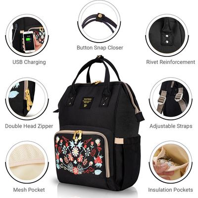 Sunveno Diaper Bag with USB Charging Port and Changing Mat - Black