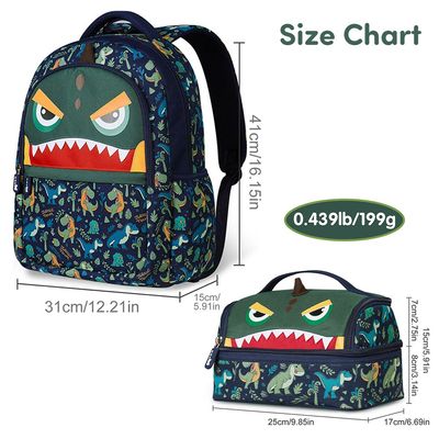 Nohoo Kids 16 Inch School Bag with Lunch Bag Combo Dino - Green