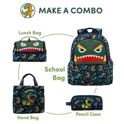 Nohoo Kids 16 Inch School Bag with Lunch Bag Combo Dino - Green