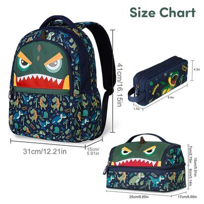 Nohoo Kids 16 Inch School Bag with Lunch Bag and Pencil Case (Set of 3) Dino - Green