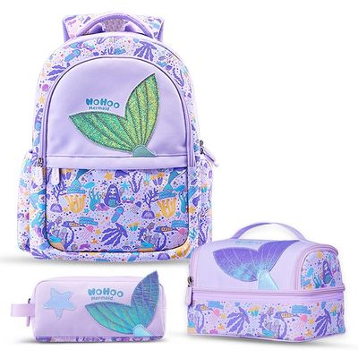 Nohoo Kids 16 Inch School Bag with Lunch Bag and Pencil Case (Set of 3) Mermaid - Purple