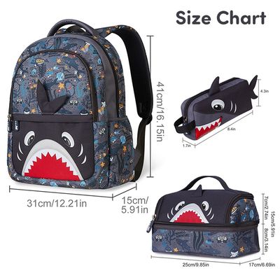 Nohoo Kids 16 Inch School Bag with Lunch Bag and Pencil Case (Set of 3) Shark - Grey