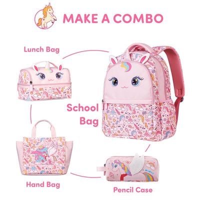 Nohoo Kids 16 Inch School Bag with Lunch Bag and Pencil Case (Set of 3) Unicorn - Pink