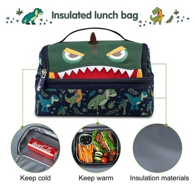 Nohoo Kids 16 Inch School Bag with Lunch Bag, Handbag and Pencil Case (Set of 4) Dino - Green