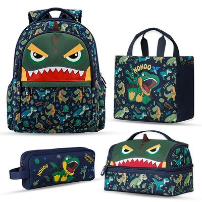 Nohoo Kids 16 Inch School Bag with Lunch Bag, Handbag and Pencil Case (Set of 4) Dino - Green