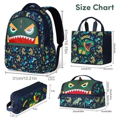 Nohoo Kids 16 Inch School Bag with Lunch Bag, Handbag and Pencil Case (Set of 4) Dino - Green