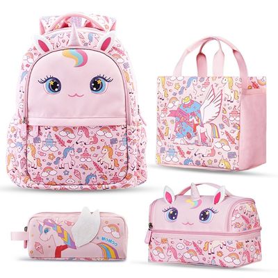 Nohoo Kids 16 Inch School Bag with Lunch Bag, Handbag and Pencil Case (Set of 4) Unicorn - Pink