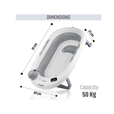 Eazy Kids Temperature Controlled Foldable Bathtub w / Intelligent Temperature Monitoring Thermometer and Baby Head Shampoo Wash Rinse Mug - Grey