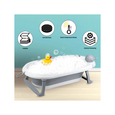 Eazy Kids Temperature Controlled Foldable Bathtub w / Intelligent Temperature Monitoring Thermometer and Baby Head Shampoo Wash Rinse Mug - Grey