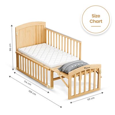 Teknum - 7 in 1 Convertible Kids Bed & Bedside Crib w / Mattress, Mosquito net & Detachable Wheels(0 - 12yrs) - Natural Wood