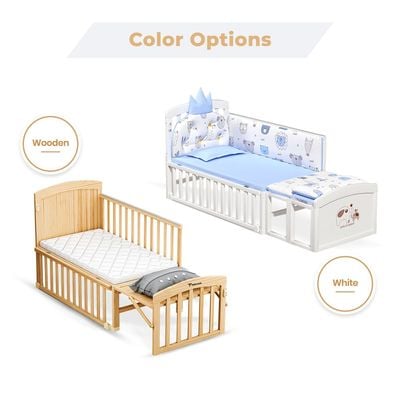 Teknum - 7 in 1 Convertible Kids Bed & Bedside Crib w / Mattress, Mosquito net & Detachable Wheels(0 - 12yrs) - Natural Wood