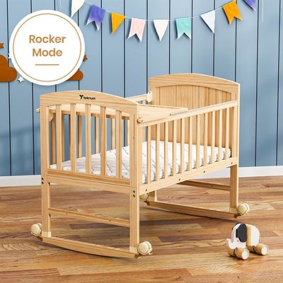 Teknum - 7 in 1 Convertible Kids Bed & Bedside Crib w / Mattress, Mosquito net & Detachable Wheels(0 - 12yrs) - Natural Wood