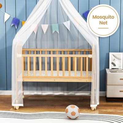 Teknum - 7 in 1 Convertible Kids Bed & Bedside Crib w / Mattress, Mosquito net & Detachable Wheels(0 - 12yrs) - Natural Wood