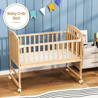 Teknum - 7 in 1 Convertible Kids Bed & Bedside Crib w / Mattress, Mosquito net & Detachable Wheels(0 - 12yrs) - Natural Wood