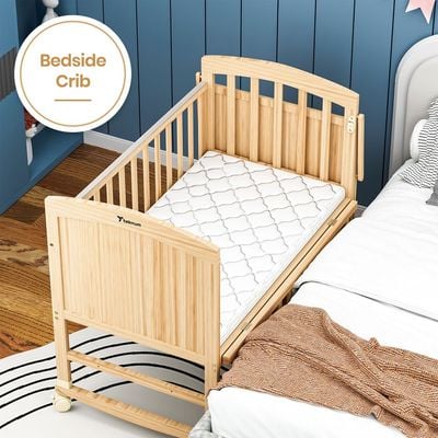 Teknum - 7 in 1 Convertible Kids Bed & Bedside Crib w / Mattress, Mosquito net & Detachable Wheels(0 - 12yrs) - Natural Wood