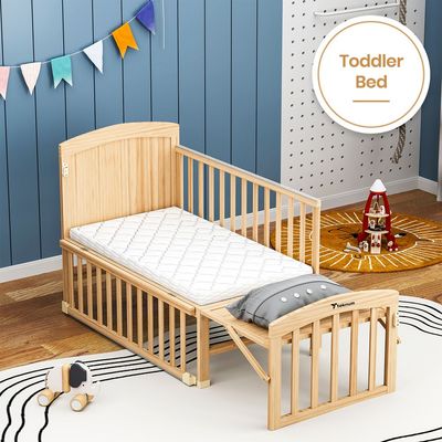 Teknum - 7 in 1 Convertible Kids Bed & Bedside Crib w / Mattress, Mosquito net & Detachable Wheels(0 - 12yrs) - Natural Wood