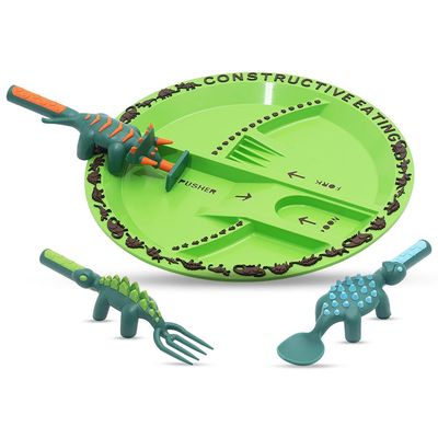 Eazy Kids Eating Plate w/ Spoon, Fork & Pusher - Dinosaur