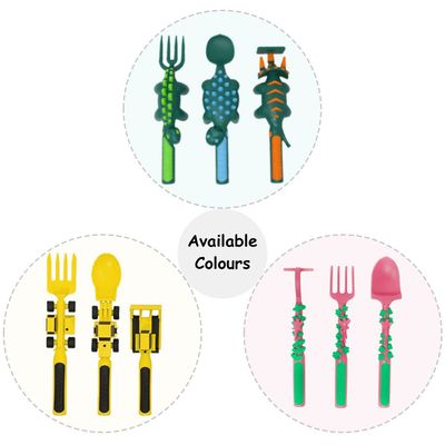 Eazy Kids Spoon, Fork & Pusher - Dark Green, Dinosaur, 3Pcs