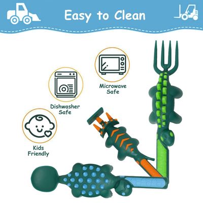 Eazy Kids Spoon, Fork & Pusher - Dark Green, Dinosaur, 3Pcs