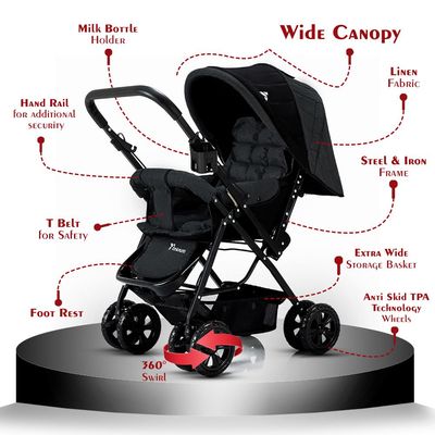 Teknum Reversible Look at Me Stroller w/ Diaper Bags - Black