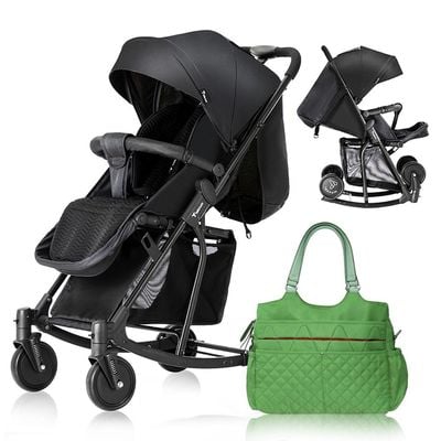 Teknum Stroller with Rocker w/ Green Diaper tote Bag- Black