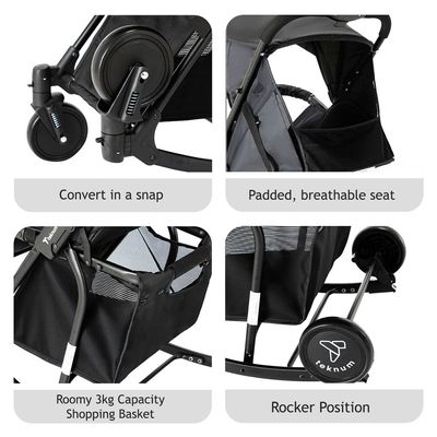 Teknum Stroller with Rocker w/ Green Diaper tote Bag- Black