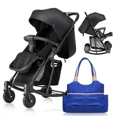 Teknum Stroller With Rocker w/ Blue Diaper tote Bag- Black