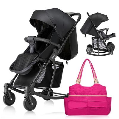 Teknum Stroller With Rocker w/ Pink Diaper tote Bag- Black