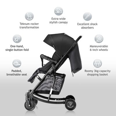 Teknum Stroller With Rocker w/ Blue Diaper tote Bag- Black