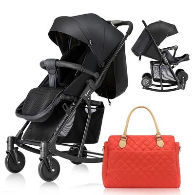 Teknum Stroller With Rocker w/ Orange Diaper tote Bag- Black