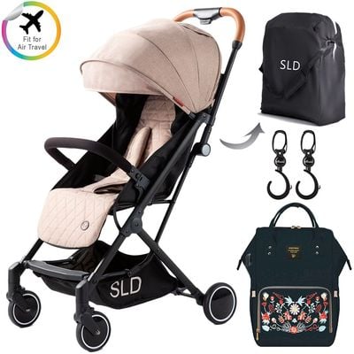 Teknum Travel Lite Stroller - Khaki + Sunveno Diaper bag with USB - Black Embroidery and Stroller Hooks