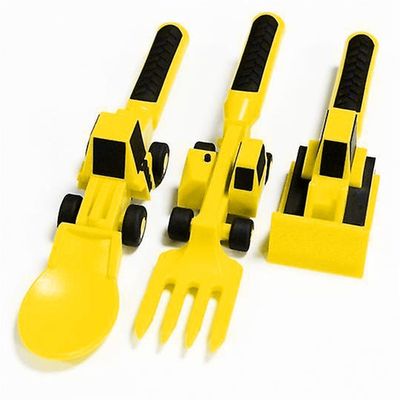 Eazy Kids Spoon, Fork & Pusher - Yellow, Truck, 3Pcs