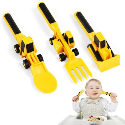 Eazy Kids Spoon, Fork & Pusher - Yellow, Truck, 3Pcs