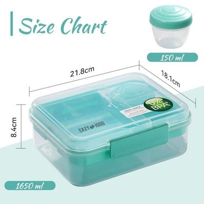 Eazy Kids 3/4/5 Compartment Convertible 1650ml Bento Lunch Box with 150ml Gravy Bowl - Green